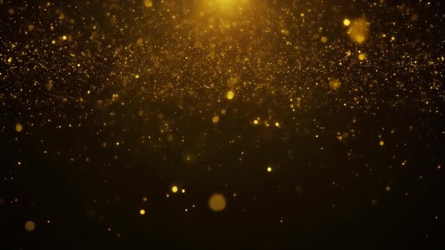 Fine golden dust drifts and settles downward through warm backlight, glowing softly against deep black with dreamy nostalgic atmosphere, delicate particle motion, and cinematic depth.