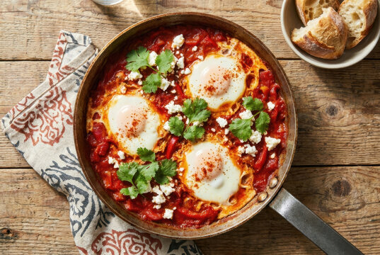 Traditional Shakshuka with poached eggs, tomato sauce, feta cheese, and cilantro in a rustic skillet