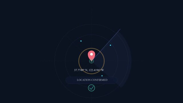 GPS radar map tracking animation with location pin drop and coordinate confirmation for digital navigation user interface design