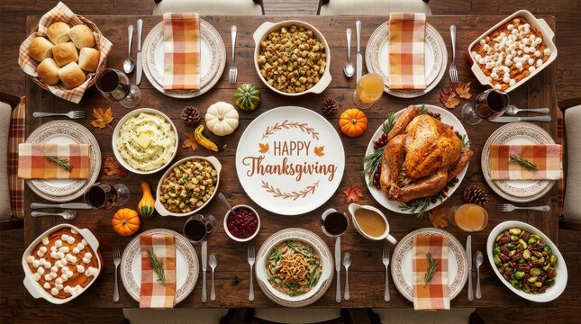 Top view of a festive Thanksgiving dinner table with roasted turkey and various side dishes