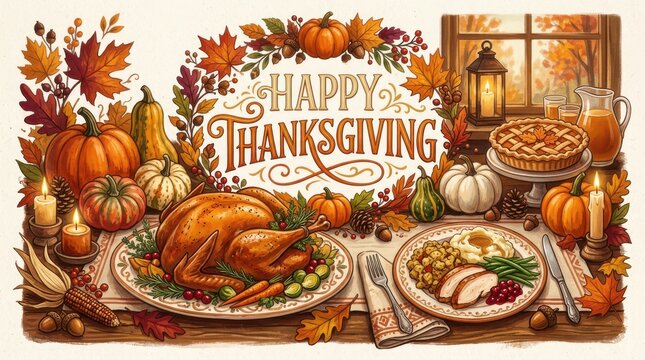 Happy Thanksgiving greeting card with roasted turkey dinner on a wooden table with autumn decorations