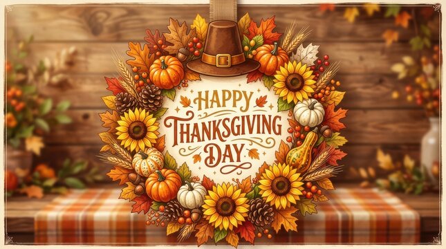 Happy Thanksgiving Day wreath with sunflowers pumpkins and a pilgrim hat on a rustic wooden table