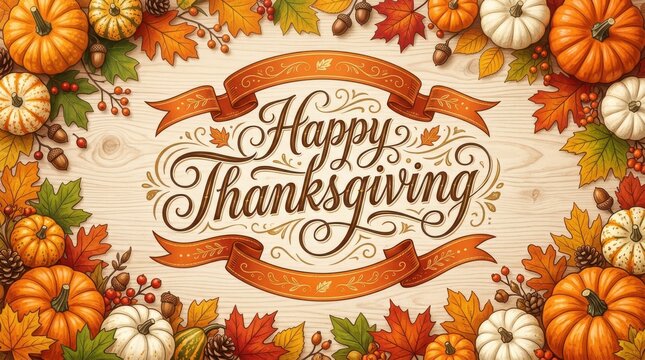 Happy Thanksgiving greeting card with colorful pumpkins and fall autumn leaves in a rustic style