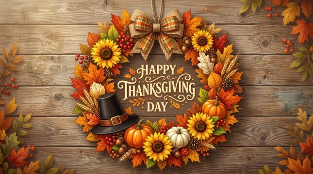 Happy Thanksgiving Day wreath with sunflowers pumpkins and a pilgrim hat on a rustic wooden wall