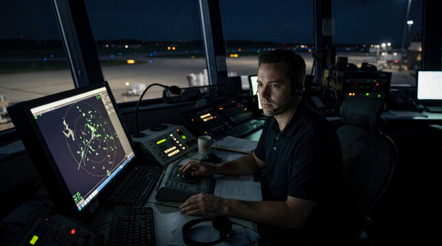 Professional Air Traffic Controller Working Night Shift in High-Tech Airport Control Tower Monitoring Flight Radar Displays and Communication Systems for Aviation Safety