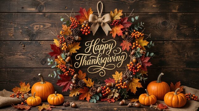 Happy Thanksgiving greeting sign with autumn leaf wreath and orange pumpkins on dark wooden table