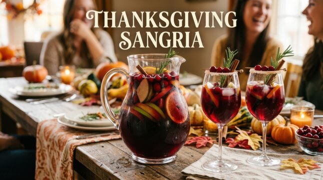 Thanksgiving sangria drink with fresh fruits in a glass pitcher and glasses on a festive table