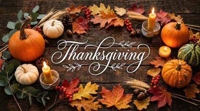 Thanksgiving greeting with pumpkins and autumn leaves on a dark wooden background