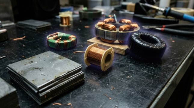 Soft magnetic materials and automation components with toroidal cores, laminated steel sheets, stator coils, and precision wound bobbins on a dark workbench.