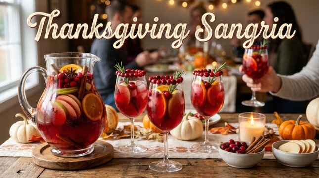 Thanksgiving sangria drink in wine glasses and a glass pitcher on a wooden table with fall decor