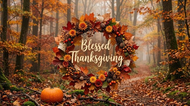 Blessed Thanksgiving sign with a decorative fall wreath and pumpkin in a golden autumn forest