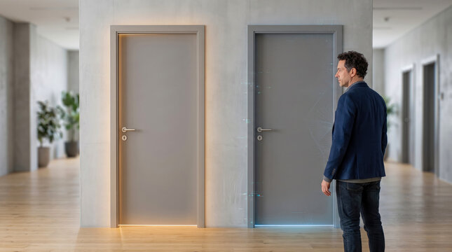 Businessman standing in modern office hallway choosing between traditional door with warm light and futuristic digital portal with glowing blue holographic data elements