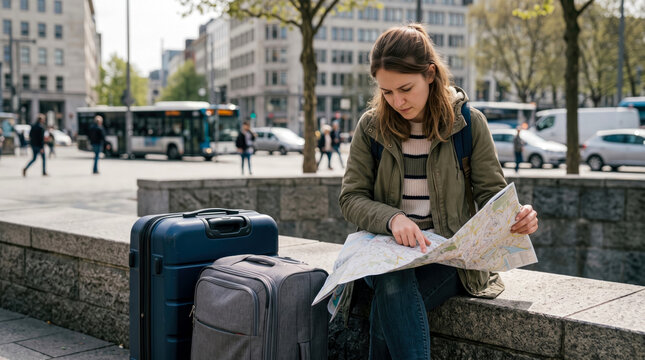 Young Female Traveler Sitting on Stone Wall in Bustling City Street While Looking at Paper Map and Planning Her Route with Her Luggage Beside Her for Trip