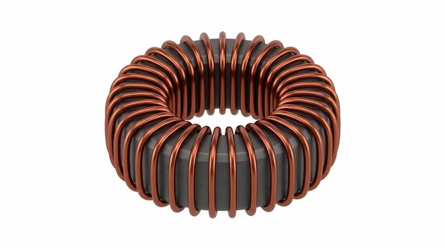 Toroidal inductor featuring shiny copper wire coiled around a grey ferrite core isolated on a plain white studio background surface