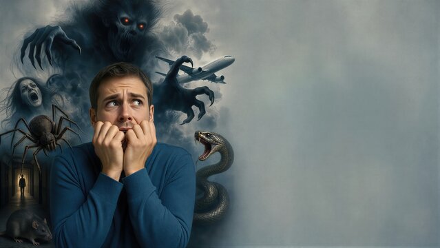 Scared man suffering from multiple phobias including spiders, snakes, heights and monsters. Psychological struggle with anxiety and fear. Mental health concept for medical therapy.
