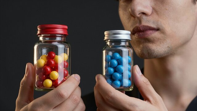 A person carefully separates mixed-color pills into distinct containers, symbolizing precision and organization in medical or pharmaceutical contexts.