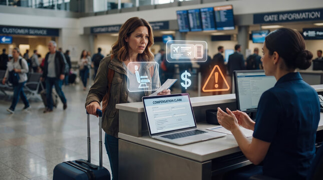 Stressed female passenger talking to airport staff at service desk while processing flight compensation claim with digital warning and travel documentation icons displayed