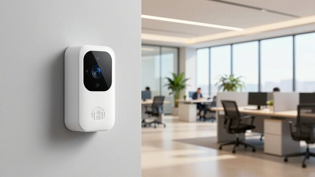 A sleek smart office sensor mounted on a wall in a bright, modern workspace with employees working at desks under large windows.