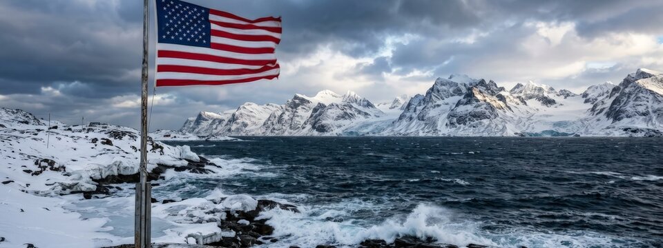 American Flag Flies Over Snowy Coastal Village and Mountains
