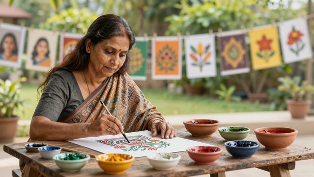 A skilled artist paints traditional Madhubani artwork with vibrant colors on paper while surrounded by nature and cultural displays.