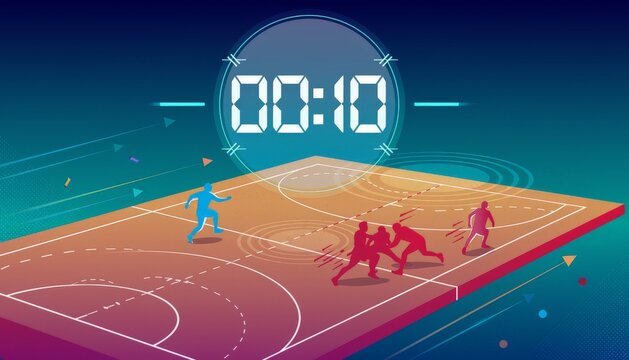 Basketball game with timer on court, digital illustration