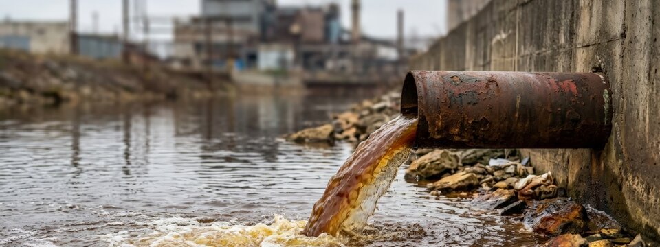 Industrial Wastewater Discharge from Rusty Pipe into Polluted River