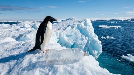 Obraz premium Adelie Penguin and Plastic Bottle on Iceberg in Antarctica