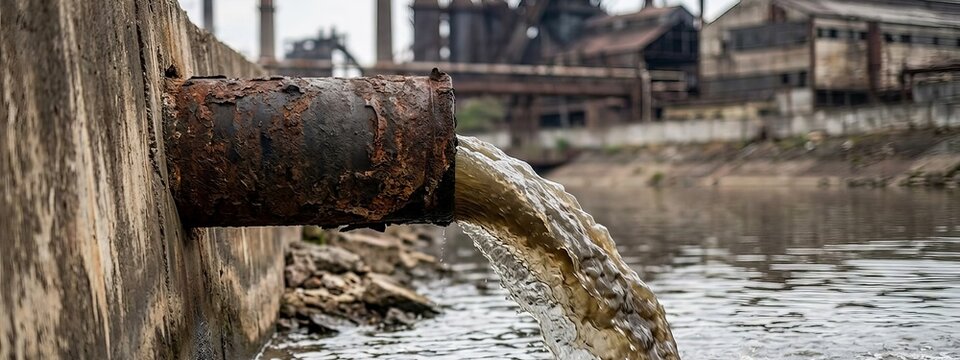 Industrial pipe discharging polluted water into a river