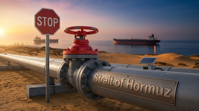 Strait of Hormuz Pipelines, Oil Tankers, and Sunset Landscape