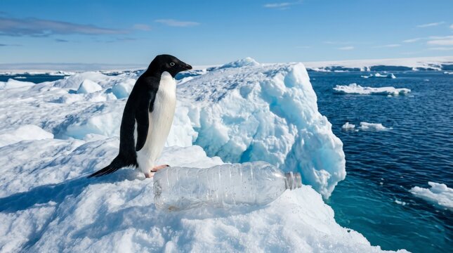 Adelie Penguin and Plastic Bottle on Iceberg in Antarctica