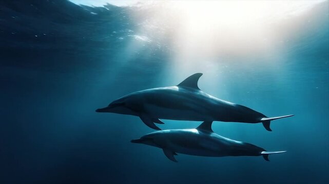 Two dolphins swim underwater, sunlight streams down through the surface, creating an ethereal glow