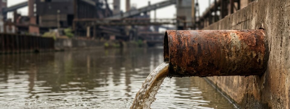 Industrial Wastewater Discharge from Rusty Pipe into Polluted River