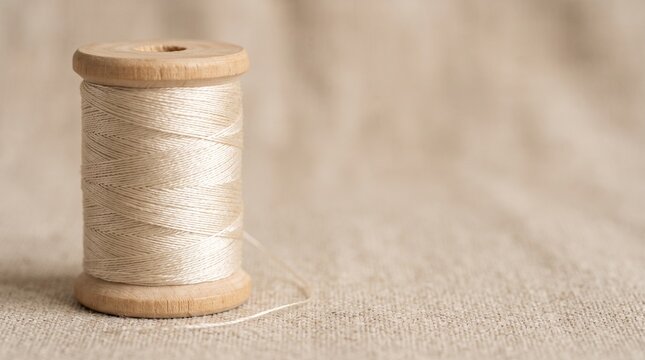Simple wooden spool of beige thread for sewing and crafts