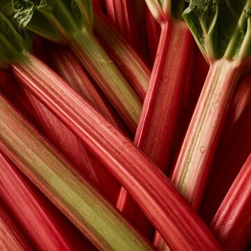 Close Up of Fresh Ruby Rhubarb Stalks with Vibrant Colors and Natural Texture at Farmers Market