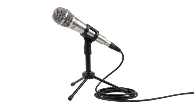 Professional dynamic microphone on tripod stand, silver vocal mic with black cable, audio recording equipment for podcasting isolated PNG with Transparent Background