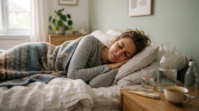 Young woman sleeping comfortably in cozy bed at home with thermometer and water on nightstand while recovering from illness during relaxing daytime rest period