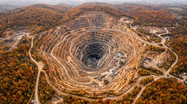 Aerial View of a Vast Open Pit Mine During Autumn Foliage
