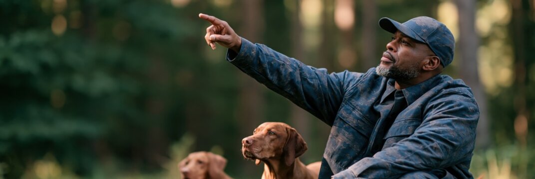 Mature man pointing in forest with two dogs for outdoor lifestyle banner, nature background, and adventure website header