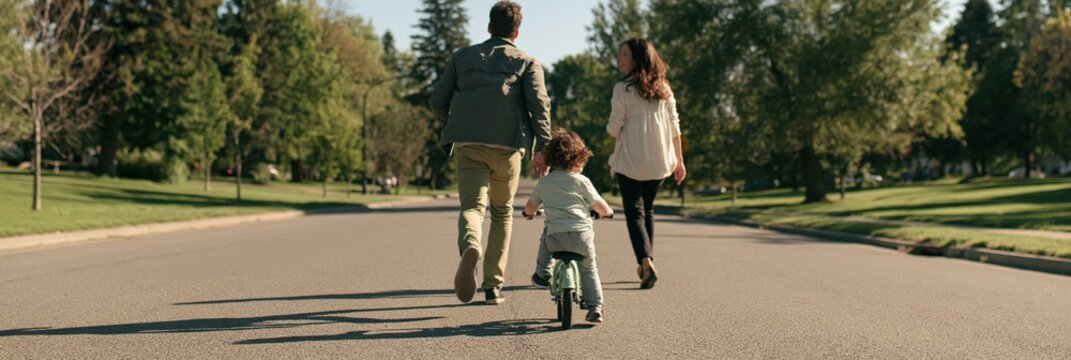 Family walking while child rides a bicycle on a tree-lined suburban road for lifestyle banner and background design