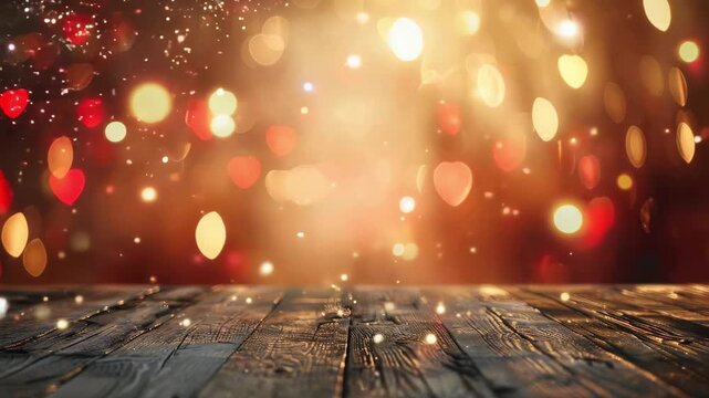 Warm bokeh lights glowing above a rustic wooden floor, cozy festive background concept, celebration ambiance, dreamy holiday atmosphere.