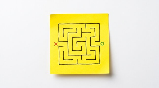 Square hand drawn maze on yellow sticky note with start and finish