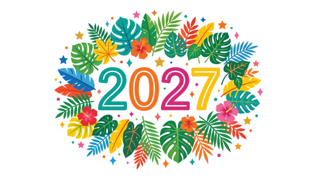 Tropical floral ornament surrounds the year two thousand twenty seven