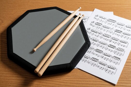 Drumsticks rest on gray practice pad next to sheet music on wooden table. Percussion practice setup for learning drumming techniques and reading musical scores.