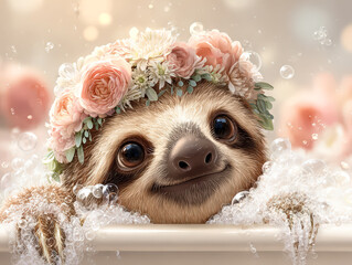 Fototapeta premium Sloth in Bubble Bath with Floral Crown Illustration