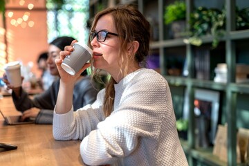 Obraz premium Woman enjoying coffee break indoors.