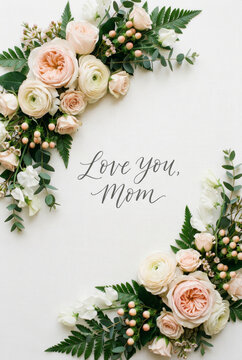 Floral mothers day card background for mom greeting card design with blush roses peonies and greenery flat lay for spring celebration and heartfelt message banner