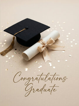 Elegant beige graduation greeting card background with black mortarboard and tied diploma for congratulations graduate design and announcement