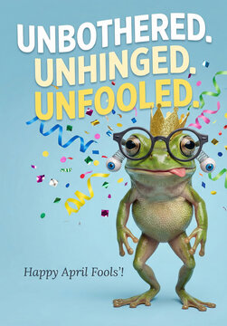 Funny frog wearing crown and glasses for april fools greeting card with confetti party background and bold whimsical typography for celebration