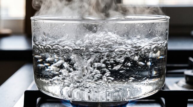 Boiling Water in Glass Pot on Kitchen Gas Stove