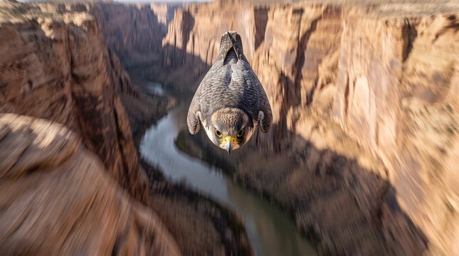 Peregrine Falcon Diving at High Speed in Canyon